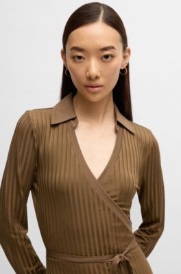 Wrap dress in lustrous ribbed jersey, Light Brown