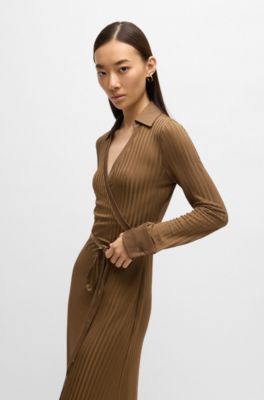 Wrap dress in lustrous ribbed jersey, Light Brown