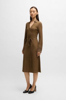 Wrap dress in lustrous ribbed jersey, Light Brown