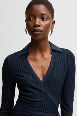 Robe portefeuille en jersey c&ocirc;tel&eacute; brillant, Bleu fonc&eacute;