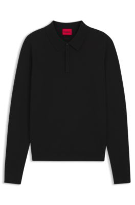Slim-fit knit polo with reverse logo, Black