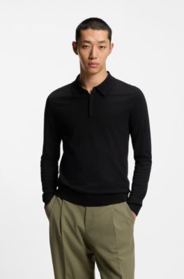 Slim-fit knit polo with reverse logo, Black