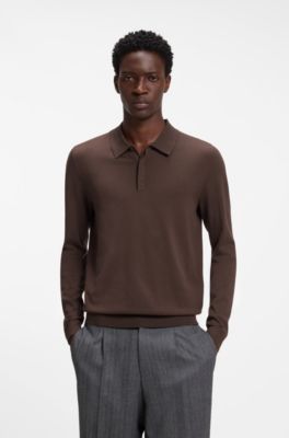 Polo slim fit de punto con logo en la espalda, Marr&oacute;n