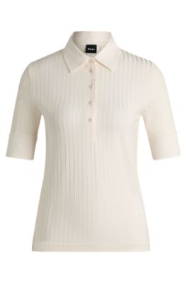 Ribbed polo-collar T-shirt with plain trims, White