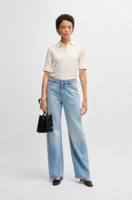 Ribbed polo-collar T-shirt with plain trims, White