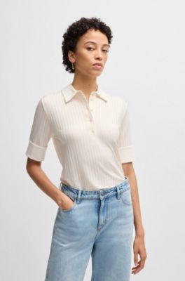 Ribbed polo-collar T-shirt with plain trims, White