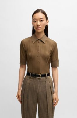 Camiseta de canal&eacute; con cuello de polo y ribetes lisos, Marr&oacute;n claro