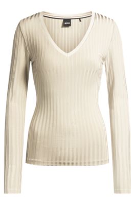 Top de manga larga con escote en pico en punto de canal&eacute; lustroso, Blanco