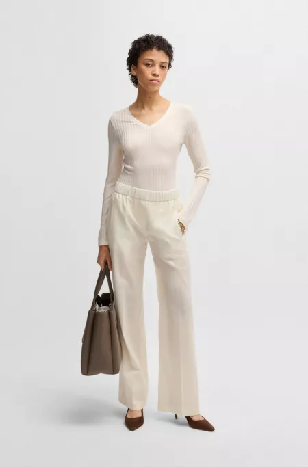 Long-sleeved V-neck top in lustrous ribbed jersey