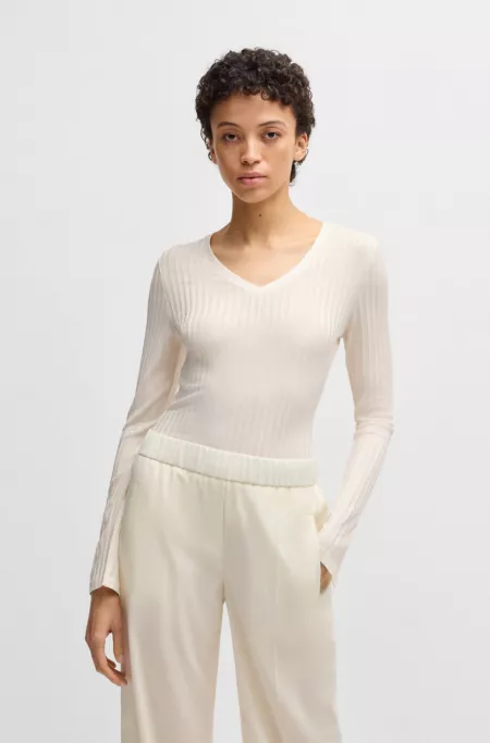 Long-sleeved V-neck top in lustrous ribbed jersey