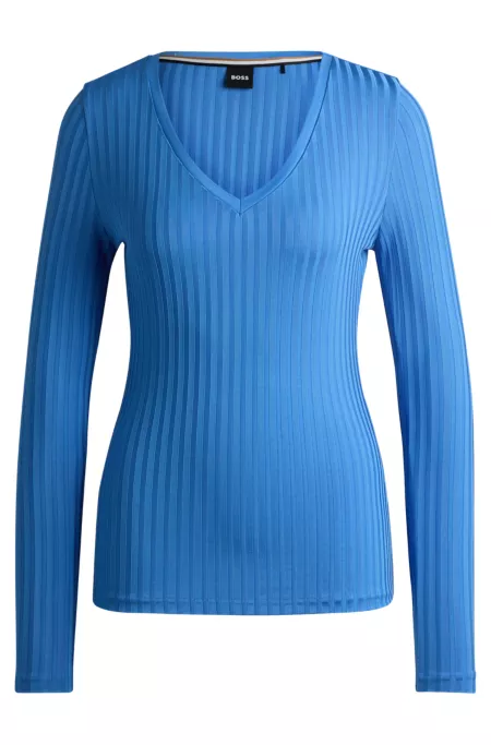 Long-sleeved V-neck top in lustrous ribbed jersey