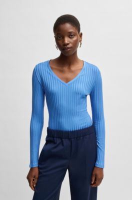 Top de manga larga con escote en pico en punto de canal&eacute; lustroso, Azul