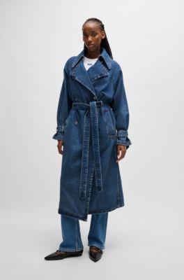 Double-breasted trench coat in dark-blue denim, Blue