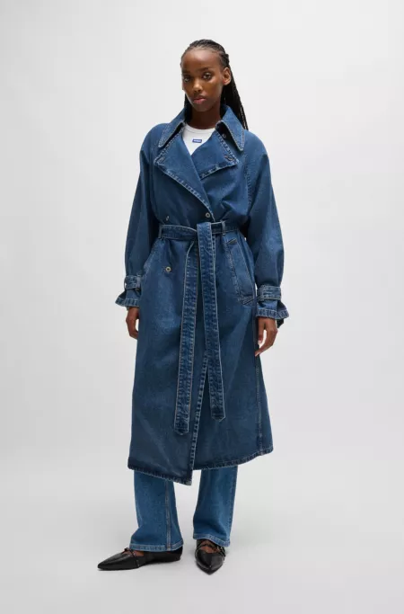 Double-breasted trench coat in dark-blue denim