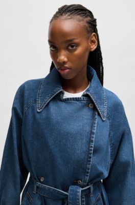 Double-breasted trench coat in dark-blue denim, Blue