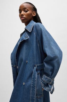 Double-breasted trench coat in dark-blue denim, Blue
