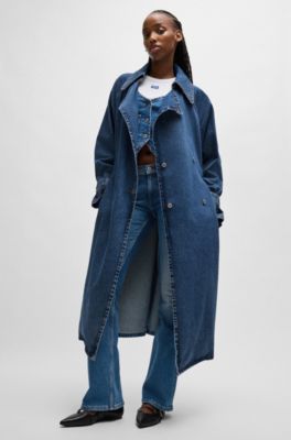 Double-breasted trench coat in dark-blue denim, Blue