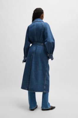 Double-breasted trench coat in dark-blue denim, Blue