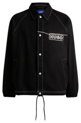 Cotton-twill jacket with chain-stitch logo, Black