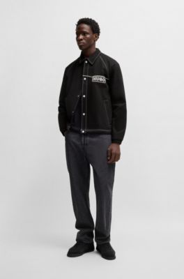 Cotton-twill jacket with chain-stitch logo, Black