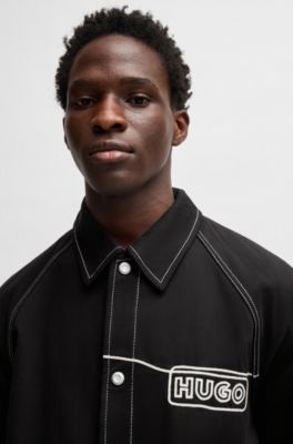 Cotton-twill jacket with chain-stitch logo, Black