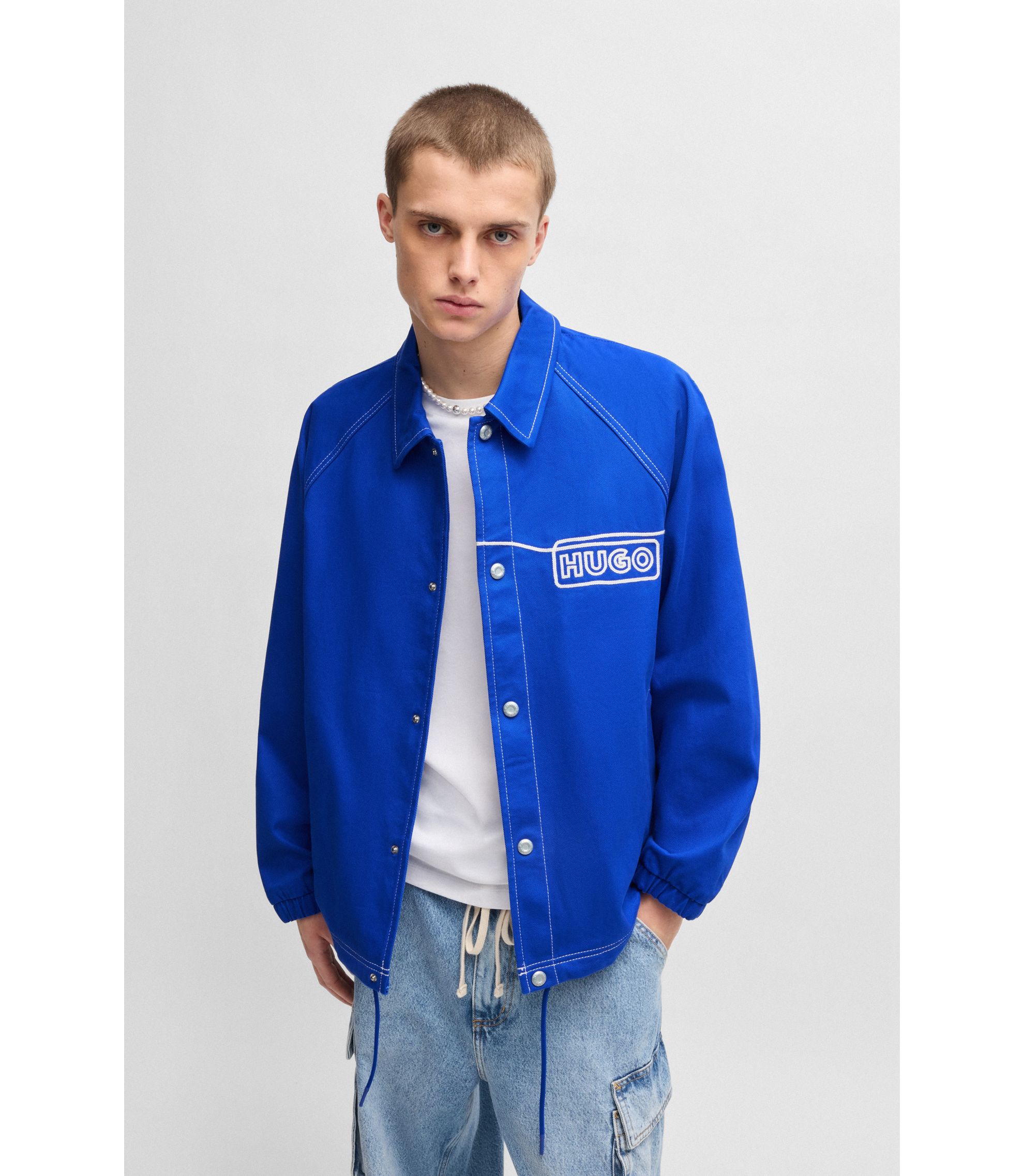 HUGO - Cotton-twill jacket with chain-stitch logo - Light Blue