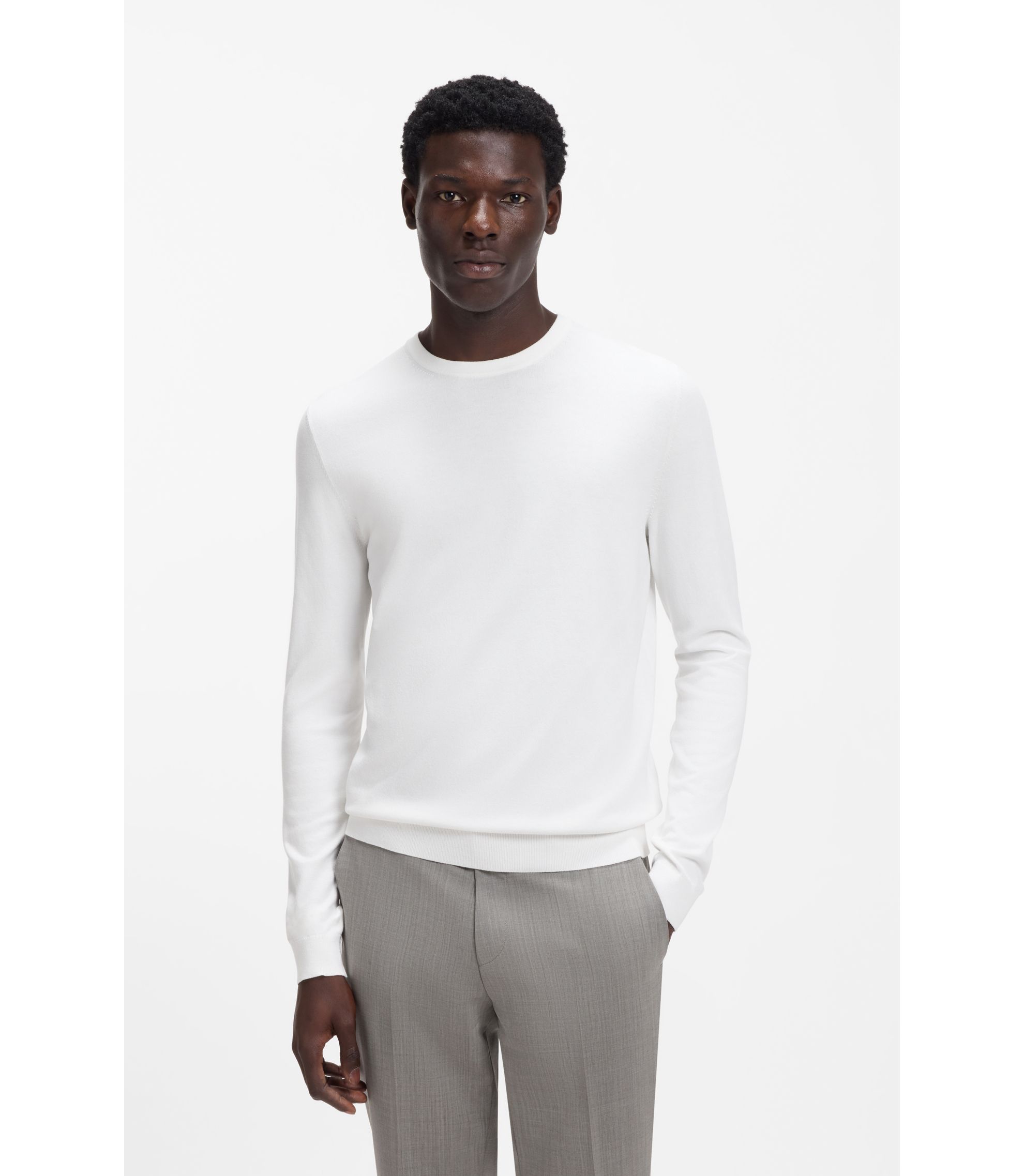 HUGO - Regular-fit knitted sweater with crew neckline - White