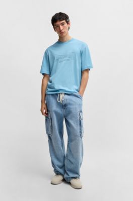Regular-fit T-shirt in cotton with graphic logos, Light Blue