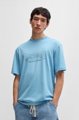 Regular-fit T-shirt in cotton with graphic logos, Light Blue