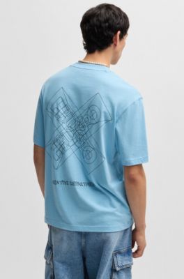 Regular-fit T-shirt in cotton with graphic logos, Light Blue