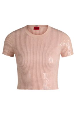 Hugo Boss Ribbed Sweater With Transparent Sequins In Slim Fit In Brown