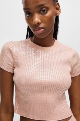 Ribbed sweater with transparent sequins in slim fit, Pink