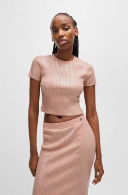 Ribbed sweater with transparent sequins in slim fit, Pink
