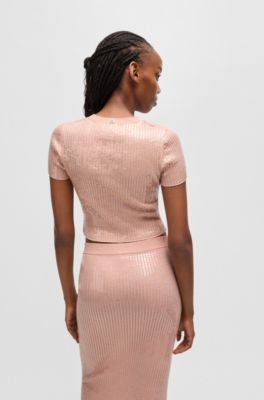 Ribbed sweater with transparent sequins in slim fit, Pink