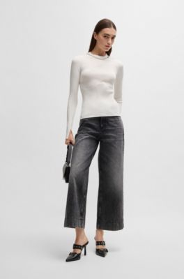 Mock-neck sweater with chain collar trim, White