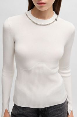 Mock-neck sweater with chain collar trim, White