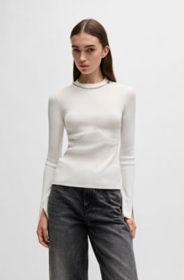 Mock-neck sweater with chain collar trim, White