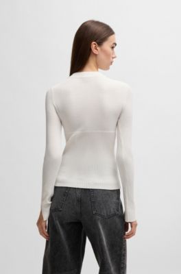 Mock-neck sweater with chain collar trim, White