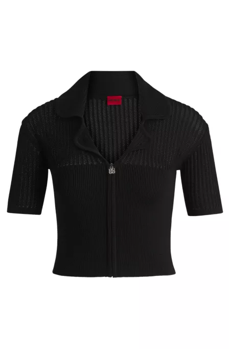 Cropped cardigan with sheer crochet structure