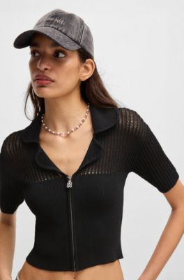 Cropped cardigan with sheer crochet structure, Black