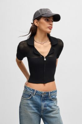 Cropped cardigan with sheer crochet structure, Black