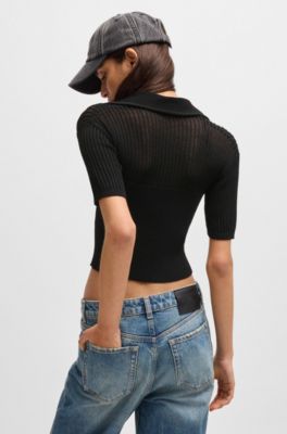 Cropped cardigan with sheer crochet structure, Black