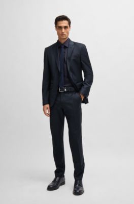 Traje slim fit en mezcla de lana con microestampado, Azul oscuro