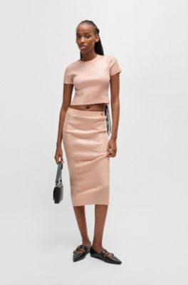 Ribbed midi skirt with transparent sequins in slim fit, Pink