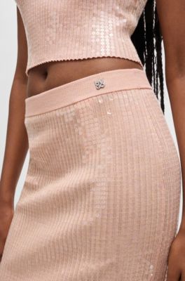 Ribbed midi skirt with transparent sequins in slim fit, Pink