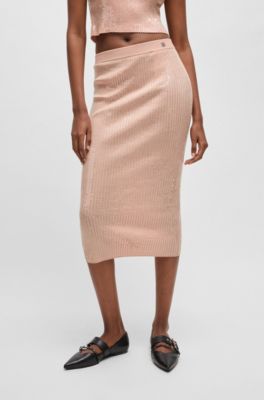 Ribbed midi skirt with transparent sequins in slim fit, Pink