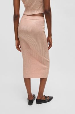Ribbed midi skirt with transparent sequins in slim fit, Pink