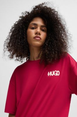 Cotton-jersey T-shirt with Happy HUGO logo, Dark Red