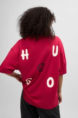 Cotton-jersey T-shirt with Happy HUGO logo, Dark Red