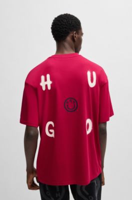 Cotton-jersey T-shirt with Happy HUGO logo, Dark Red